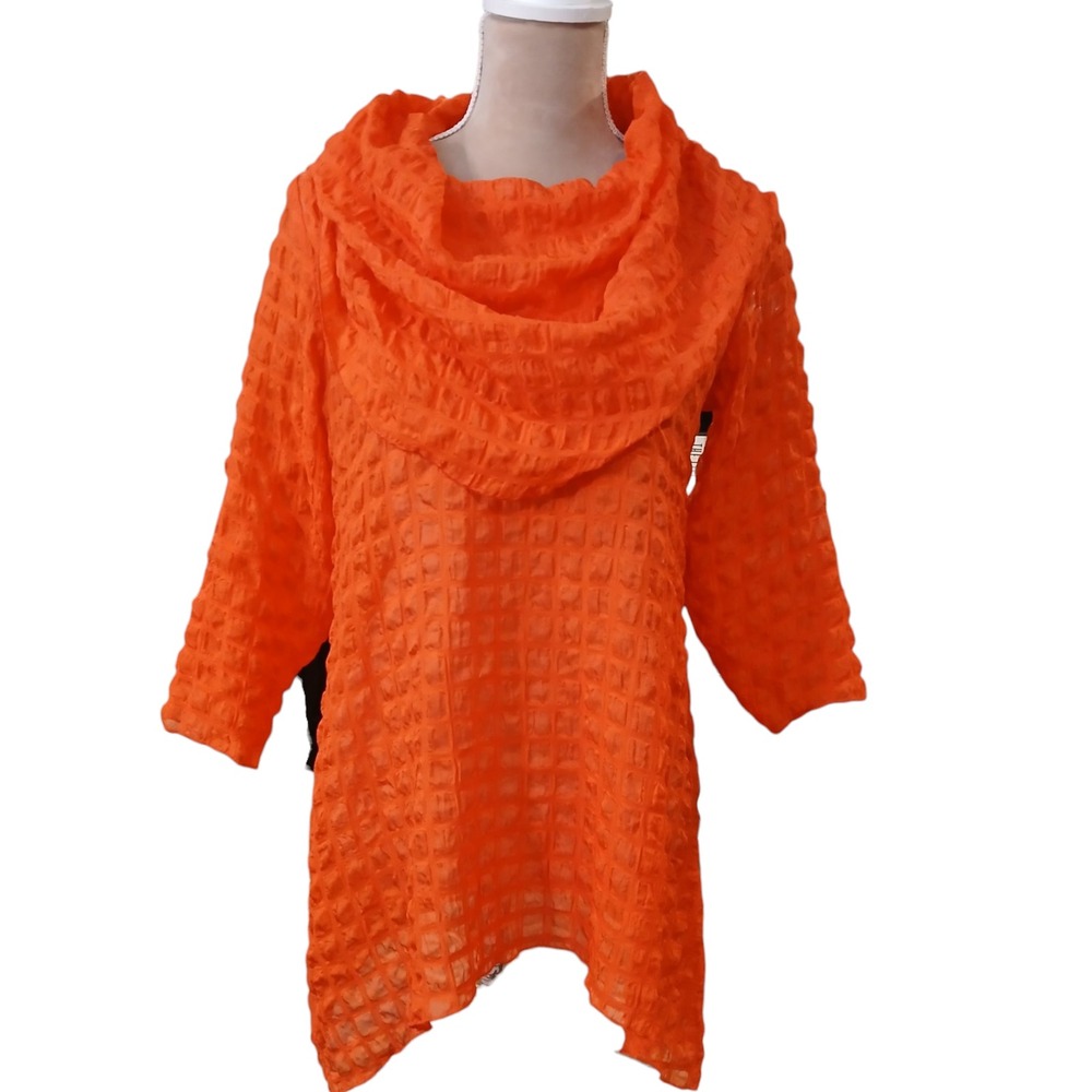 Ali Miles Mango Orange Textured Cowl Neck 3/4 Sleeve Tunic Top Women's Small